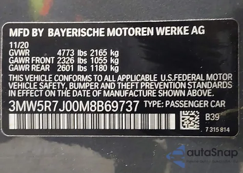 2021 BMW 330I xDrive z USA, uszkodzony, nr VIN 3MW5R7J00M8B69737